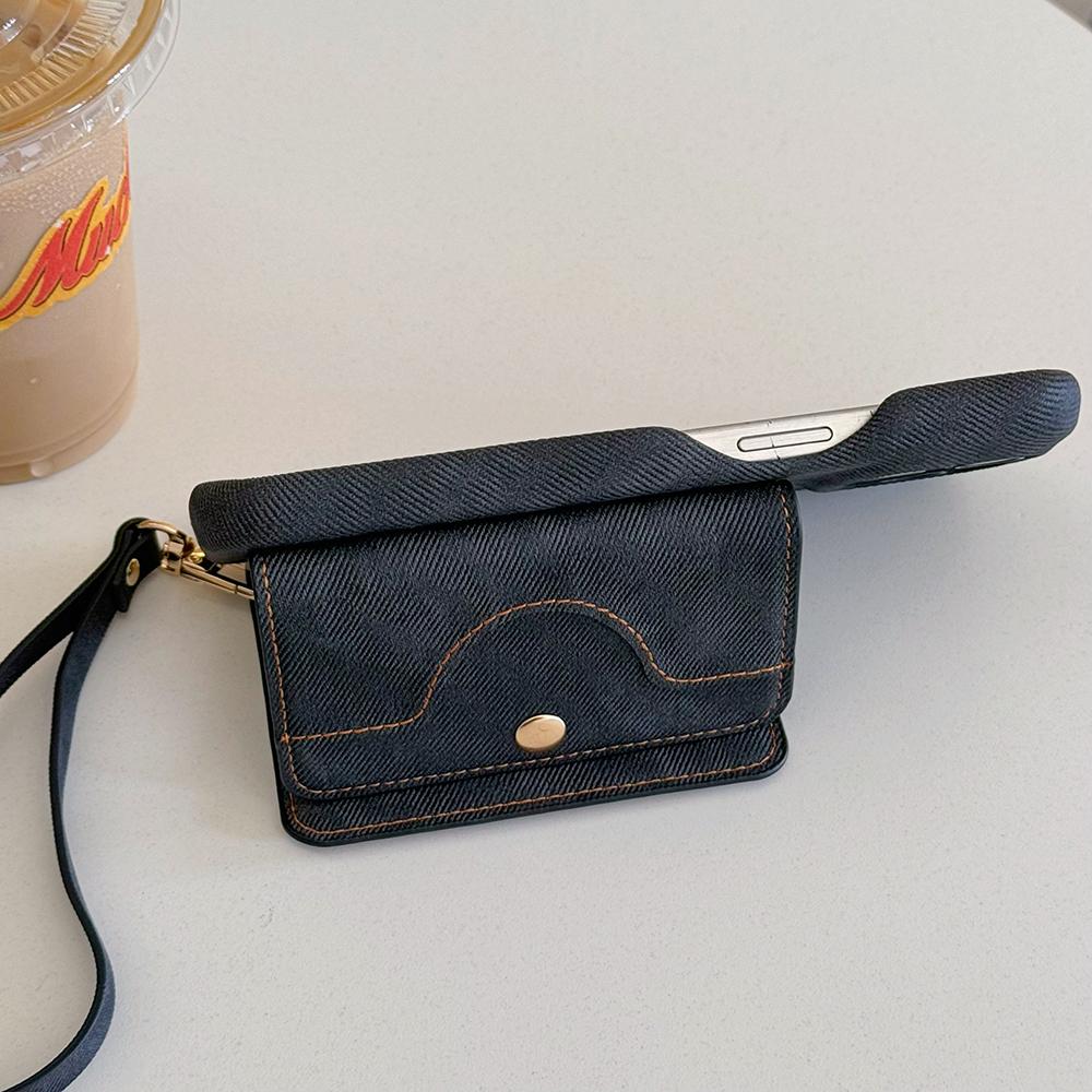 Für iPhone 16 Pro Hülle Kartenfächer Spiegeldesign Jeansstoff Textur PU Leder Rückseite mit Trageband