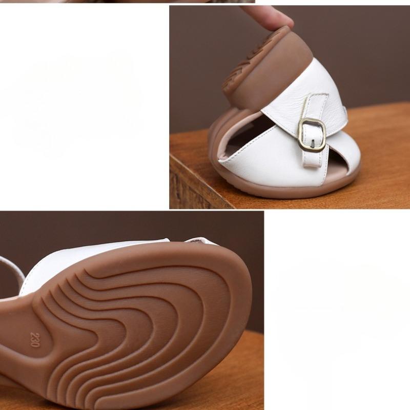 Real Leather Low Heeled Mom Shoes, Summer Anti Slip, Breathable and Comfortable Women's Shoes, Retro Toe Cap Women's Sandals, Velcro