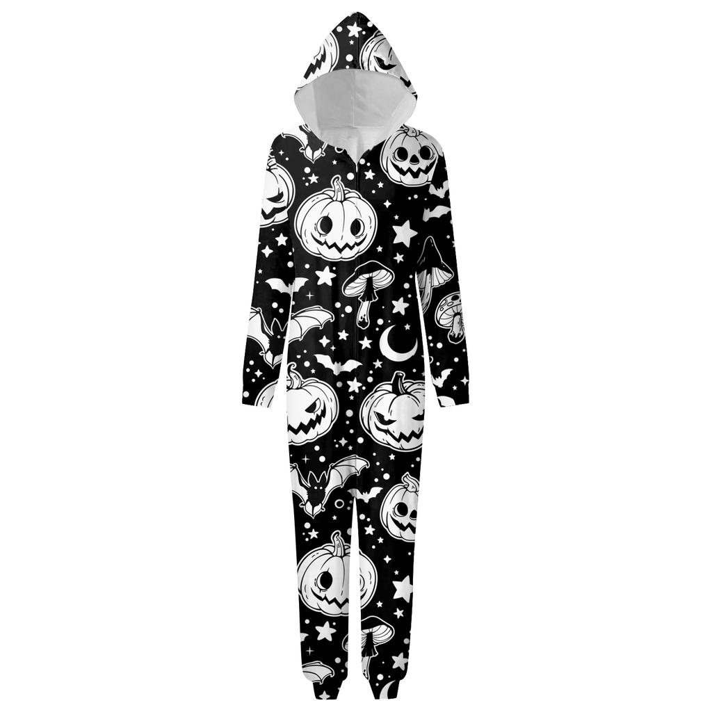 Halloween Printed Family Matching Hooded Long Sleeved Zippered Hooded Jumpsuit Set