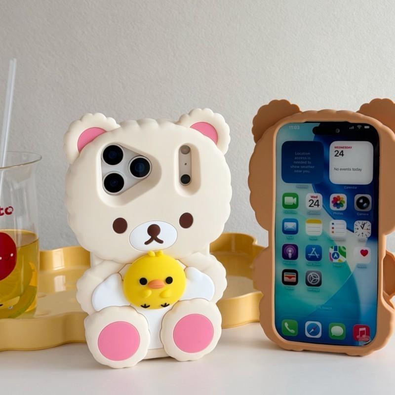 3D Rilakkuma Bear Hugging Duck Silicone Phone Case Soft Shockproof Cute Cartoon Cover for iPhone 17ProMax 17 16 15 14 13 Pro Max