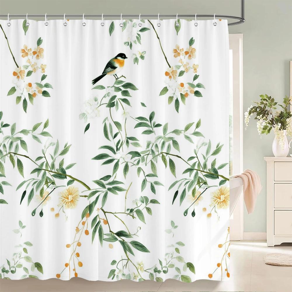 Plants and Floral Shower Curtain, Texture Fabric Bathroom Decor Watercolor Flowers and Plants Shower Curtians with Hooks