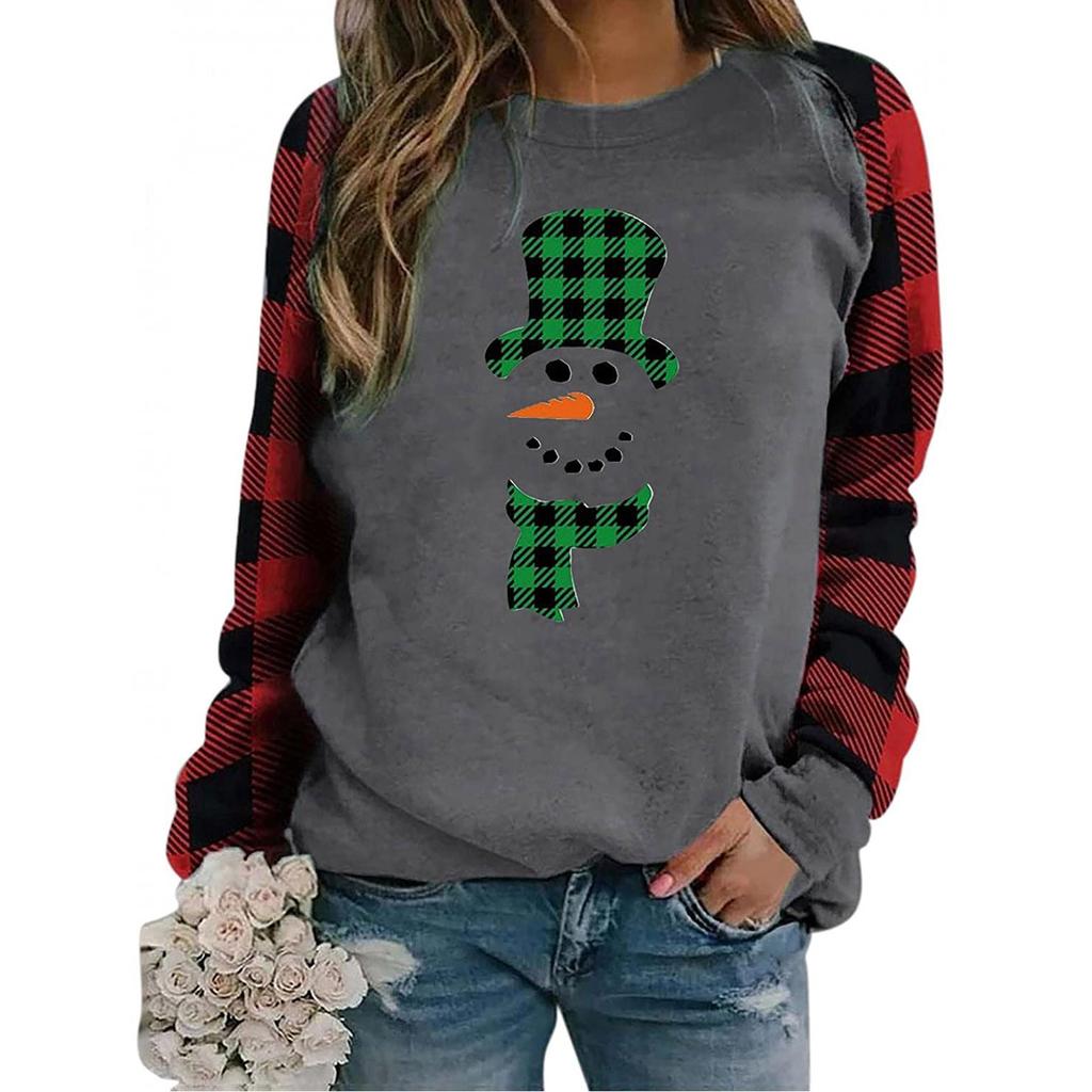 Damenmode Plaid Patchwork Weihnachtsdruck Rundhals Langarm T-Shirt Top