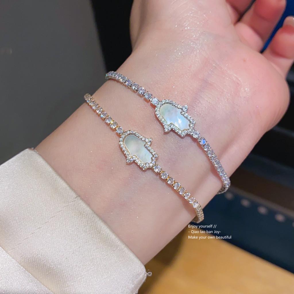 Geometric Zircon Mother Of Pearl Cuff Bracelet With 18k Gold Plating For Women
