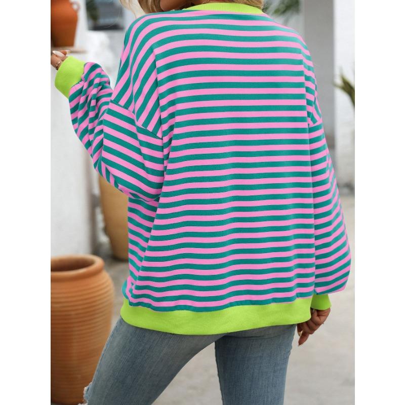 Women's Fashion Casual Spring Fall Stripe Print Long Sleeve O-Neck Blouses & Shirts
