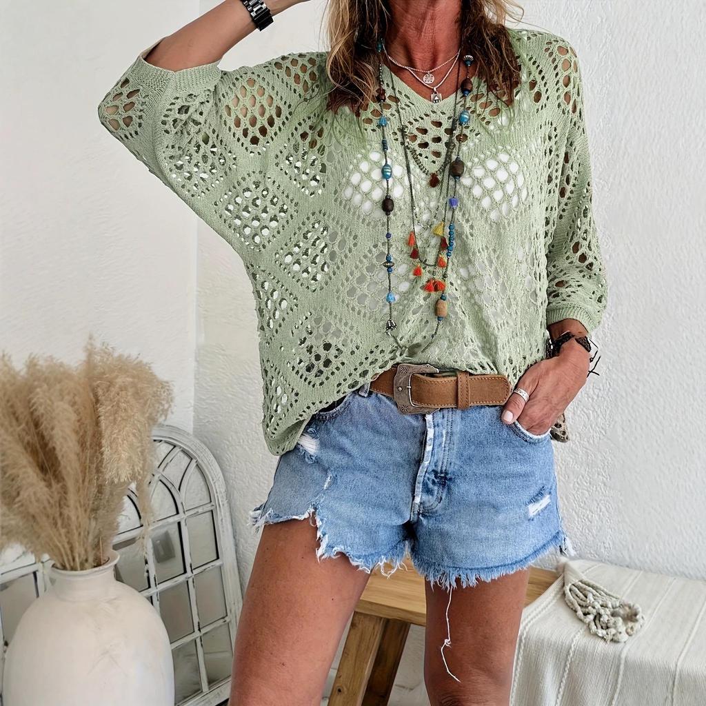 2026 Women's Solid Color Knit Mesh Sweater: European & American Versatile Loose Fit