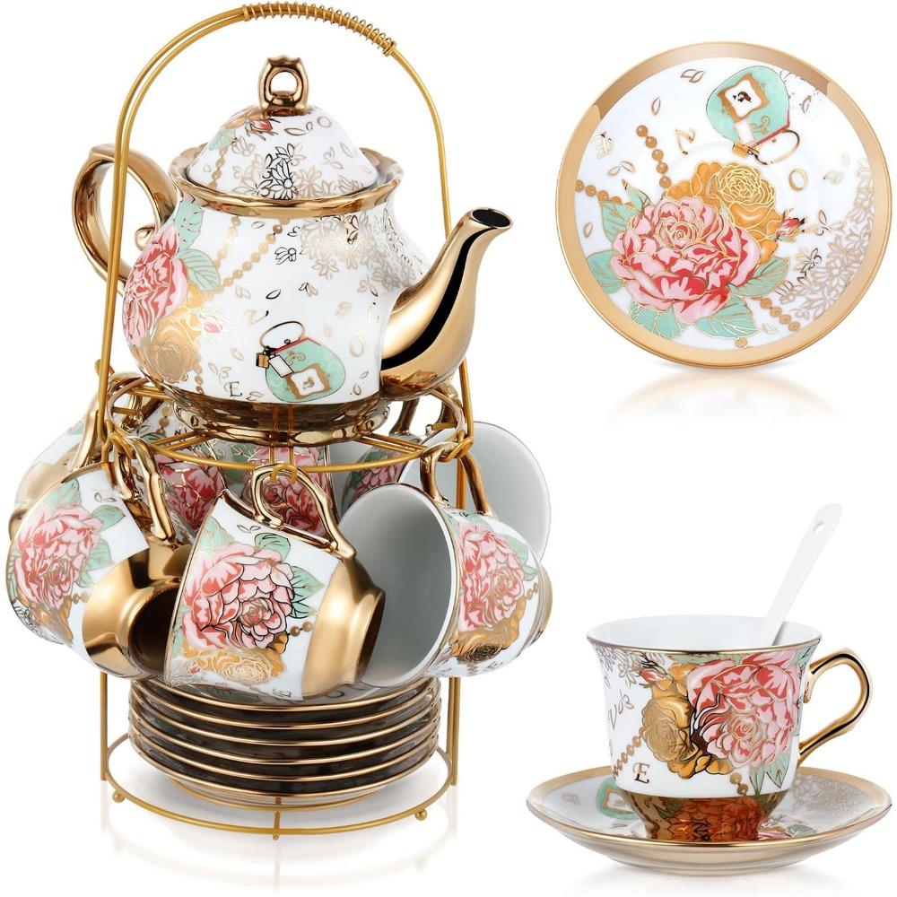 Adult Ceramic Tea Party Set (European Flower Painting Teapot, Teacup, Saucer, Spoon), Large (fresh Style)