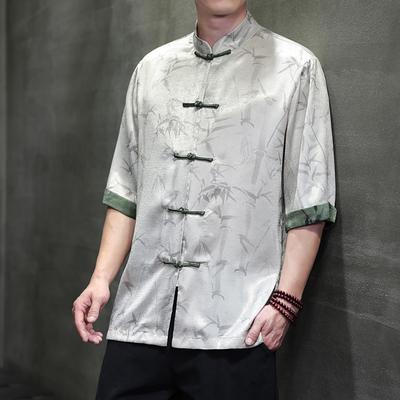 2025 Summer Men Bamboo Chinese Style Shirt Men Stand Collar Vintage Shirts Men Loose Casual Short Sleeve Shirts Kungfu Blouses
