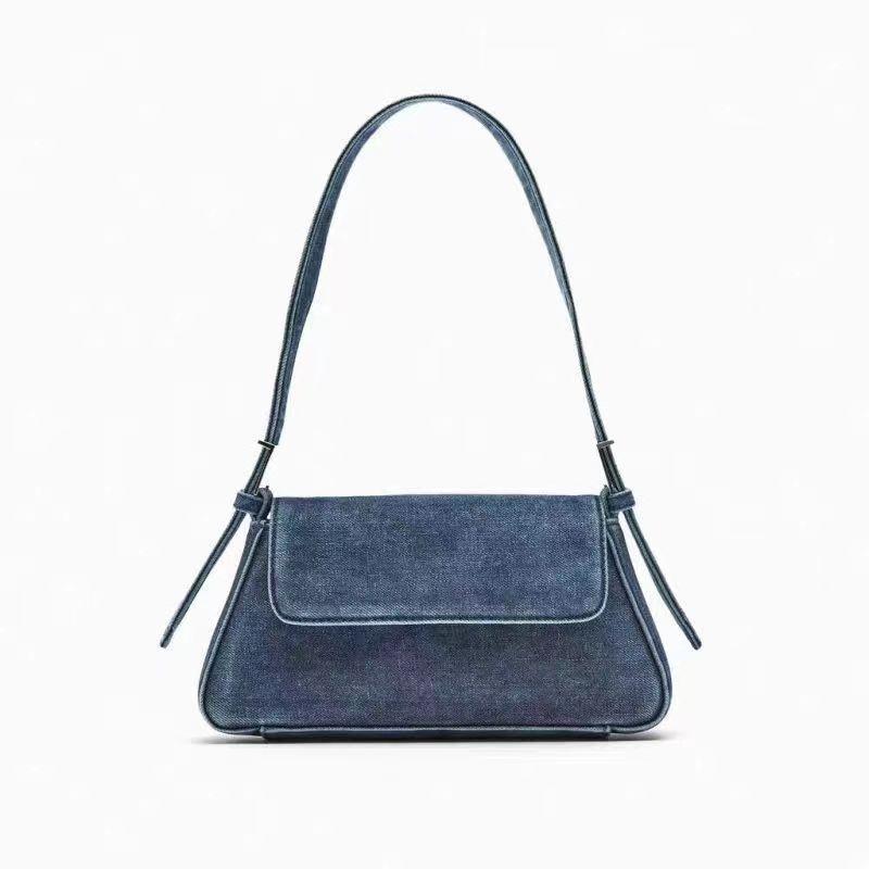 Women's Versatile Blue Denim Baguette Shoulder Bag