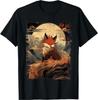 T-shirt Vintage Giapponese Paesaggio Kitsune Volpe nella Notte di Luna