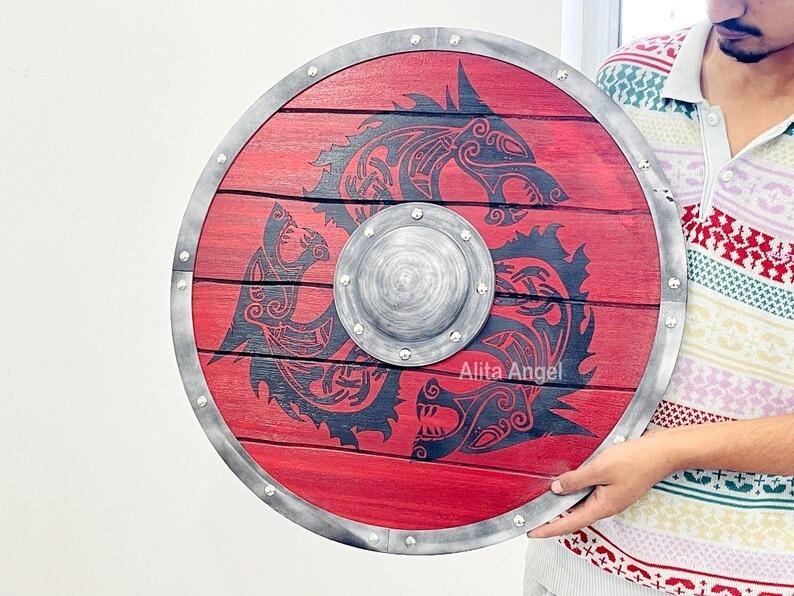 Fenrir Red Wolf Viking Shield: Norse Mythology Decor - Valhalla Cosplay
