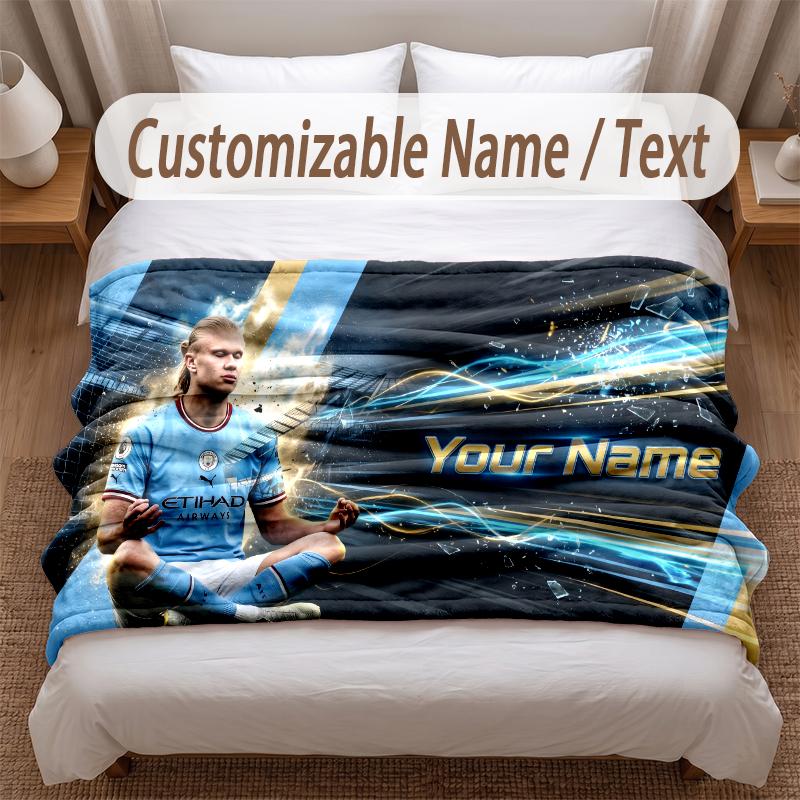 Erling Haaland Printed Flannel Blanket Custom Name Text Soft Warm Throw For Bedroom Holiday Gift