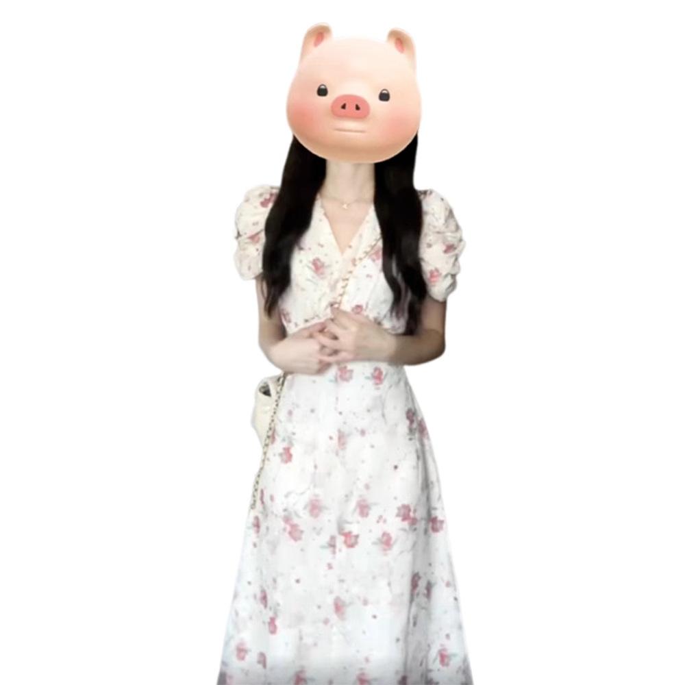 Coffee Break French Bubble Sleeve Floral Dress Women's Small Gentle Sweet Skinny Temperament Waist White Long Dress