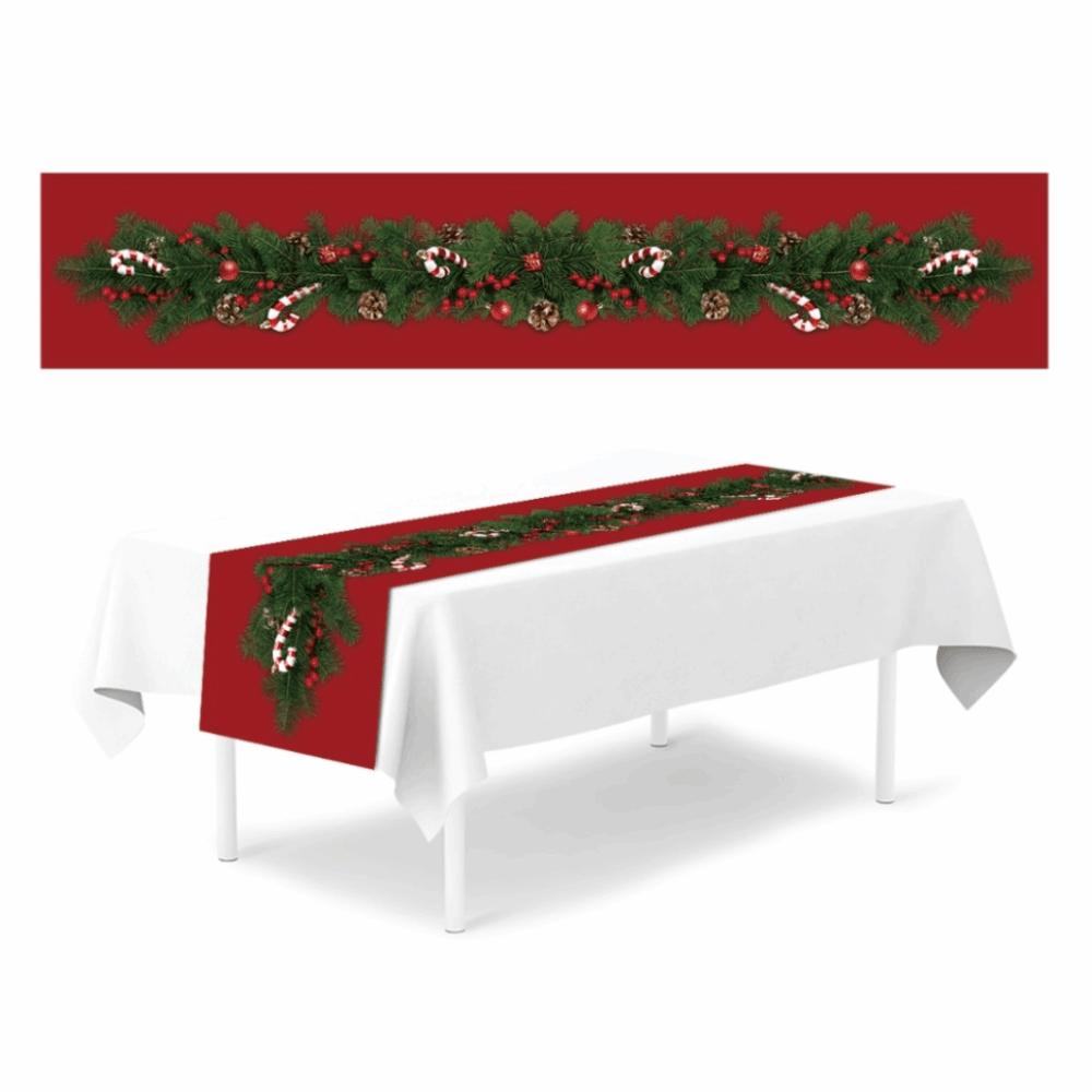 

33*183cm Size Christmas Table Runner Polka Dot Red Linen Holiday Table Decoration Cartoon Reindeer Reusable Xmas Decorations