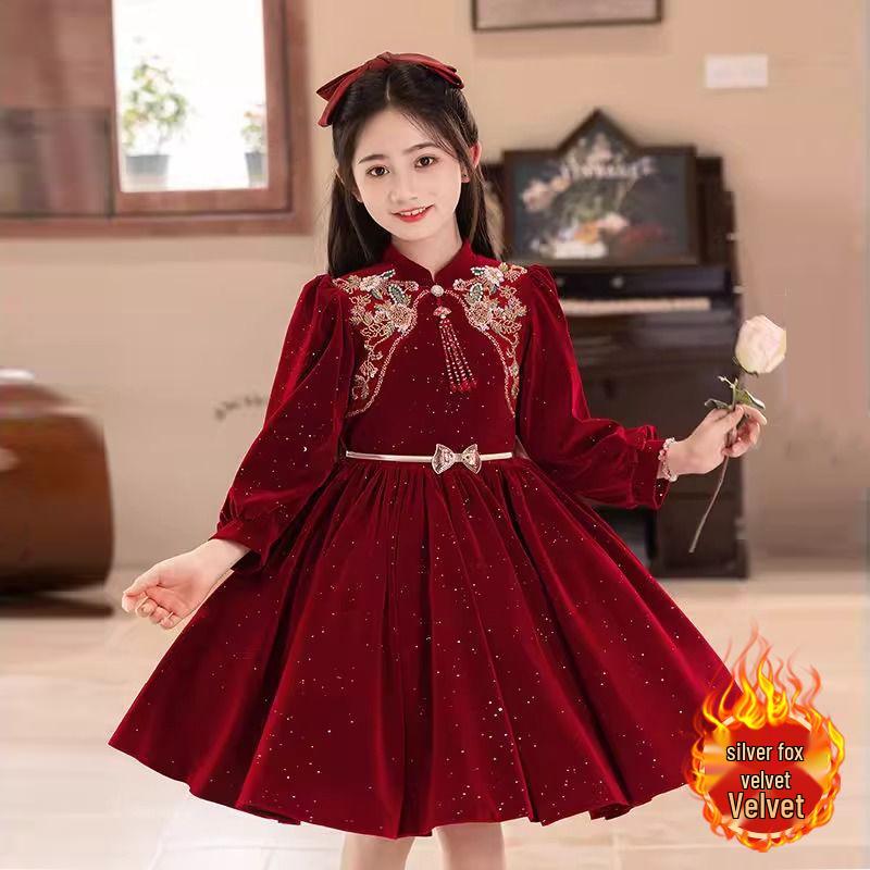 

Korean Silver Fox Velvet 410g Girls Formal Princess Dress - Autumn/Winter New Year s Gown 160 cm