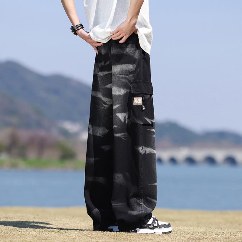 Vår Høst Herre Jeans Streetwear Rett Denim Bukser Hip Hop Snøring Bukser Mann Store Lommer Klær