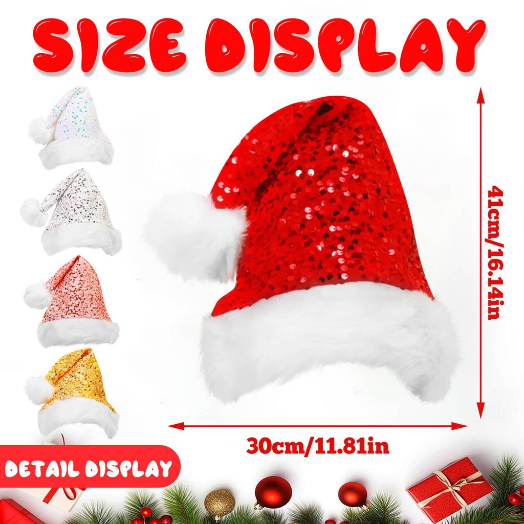 Sequin Plush Trim Santa Hat Christmas Holiday Party Costume Accessory Festive Headwear for Seasonal Celebrations and Events