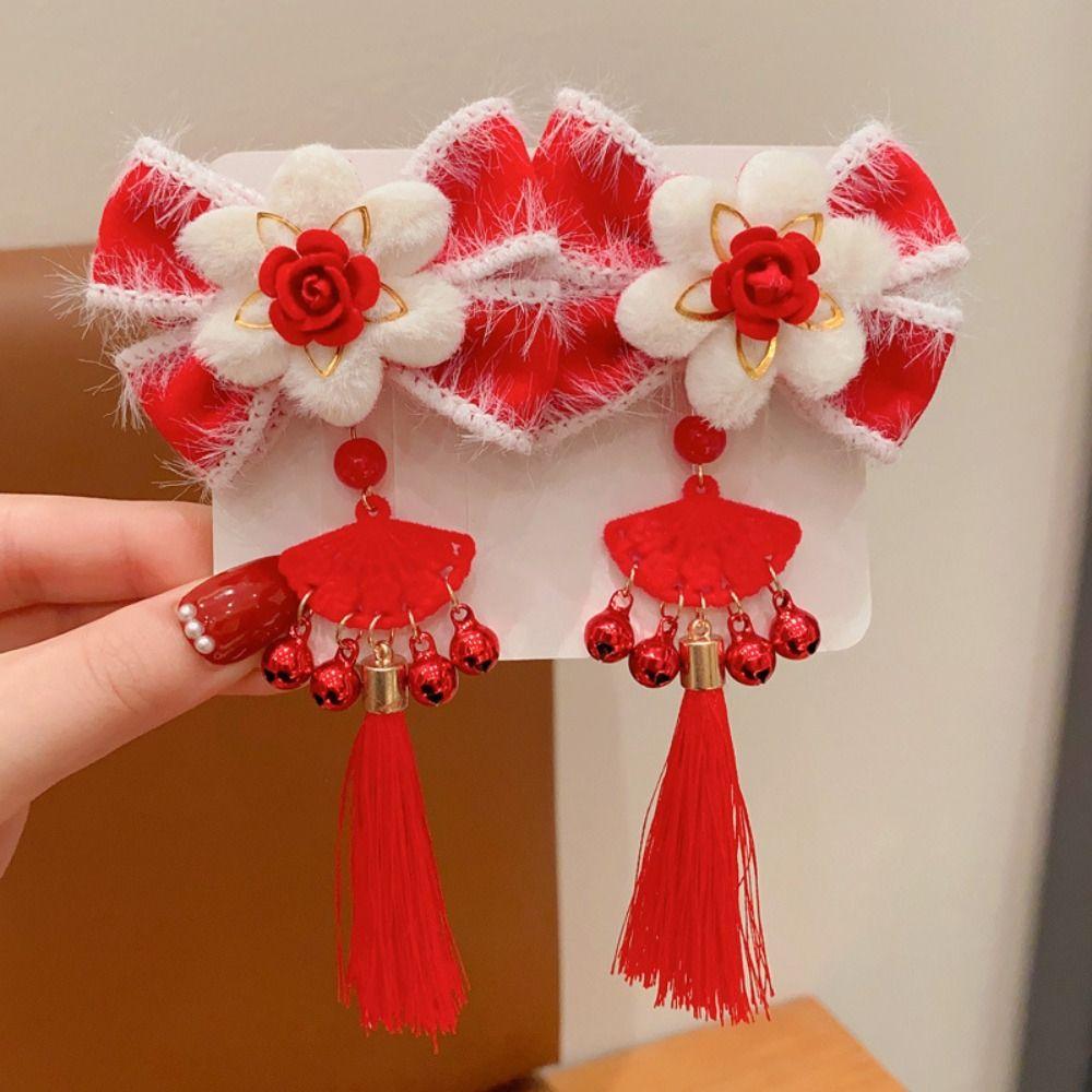 Детская красная заколка с цветком и кисточкой, заколка Hanfu, сладкий ...