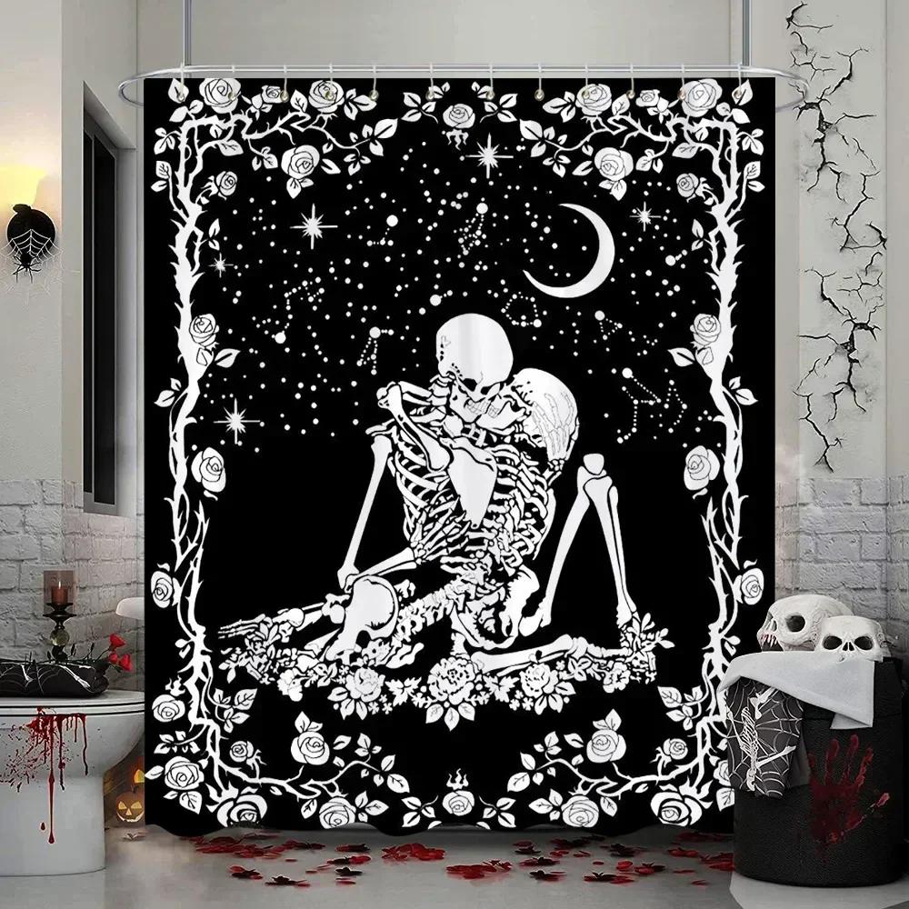 Läskig Halloween-duschdraperi, Vattentätt tyg med Spökhus, Döskallar, Skelett & Spöken för Festlig Badrumsinredning