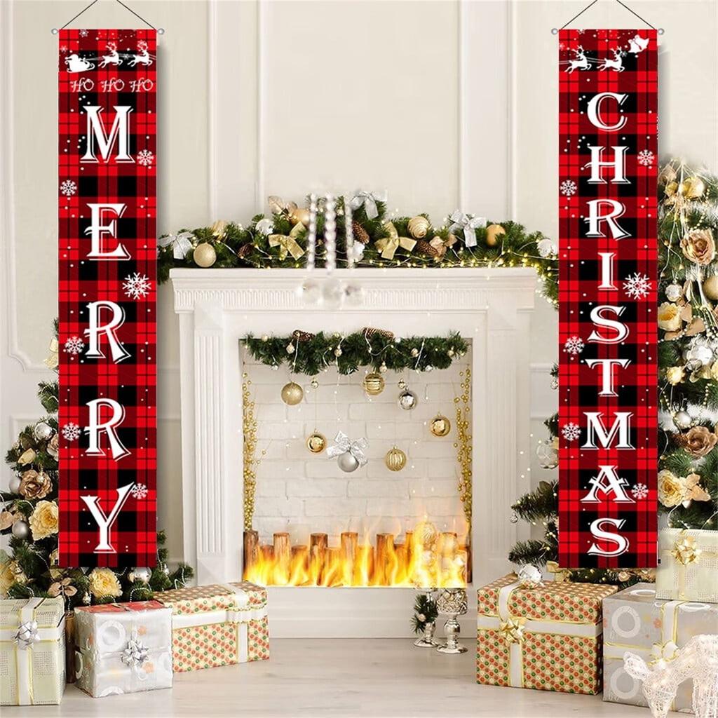Merry Christmas Decorations Banner, Christmas Porch Sign Red Plaid Hanging Banners For Indoor Outdoor Front Door Wall Xmas Decor