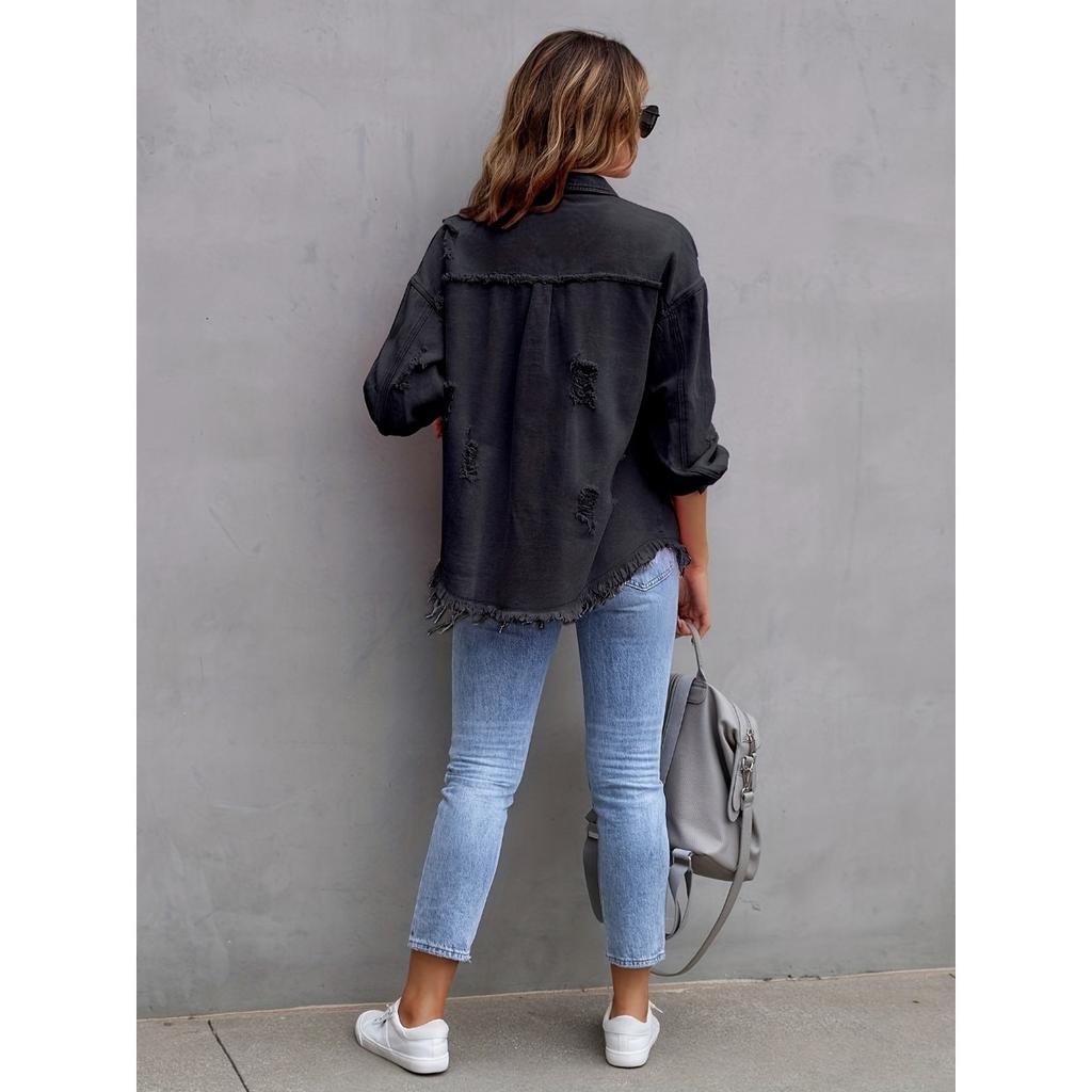 Denim Jacket Women Solid Color Loose,Jacket Hole Breaking Long Sleeve Women's Denim Shirt