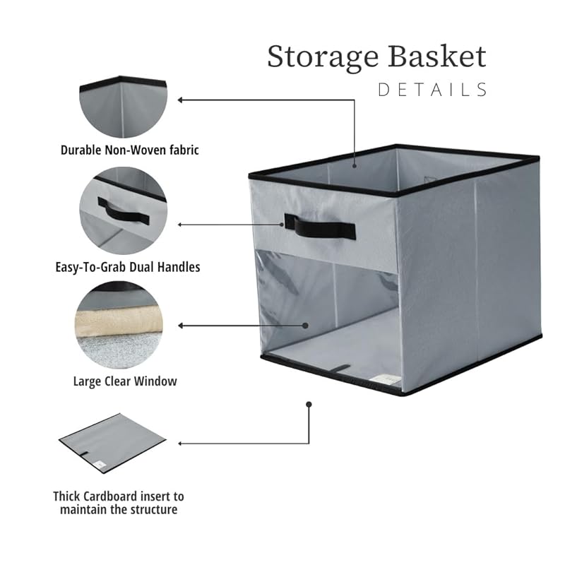 DECOMOMO Storage Baskets for Shelves 13x15x13 Storage Cube Bins with Clear Window, Kallax Storage Cubes for Organizing S серый