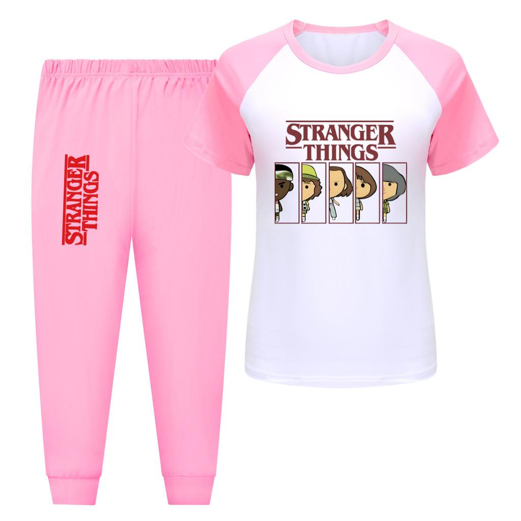 5248 Kids Boys Girls Stranger Print T-shirt Pants Trouser Sport Tracksuit Clothes Set