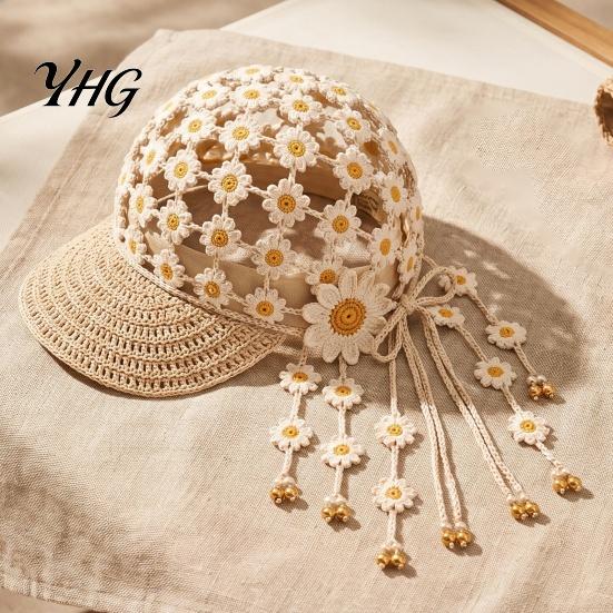 Hand Crocheted Floral Cap Sunflower Baseball Cap, Bohemian Tassel Bell Hat, Handmade Knit Cutout Spring Summer Fashion Beanie Caps, Colored