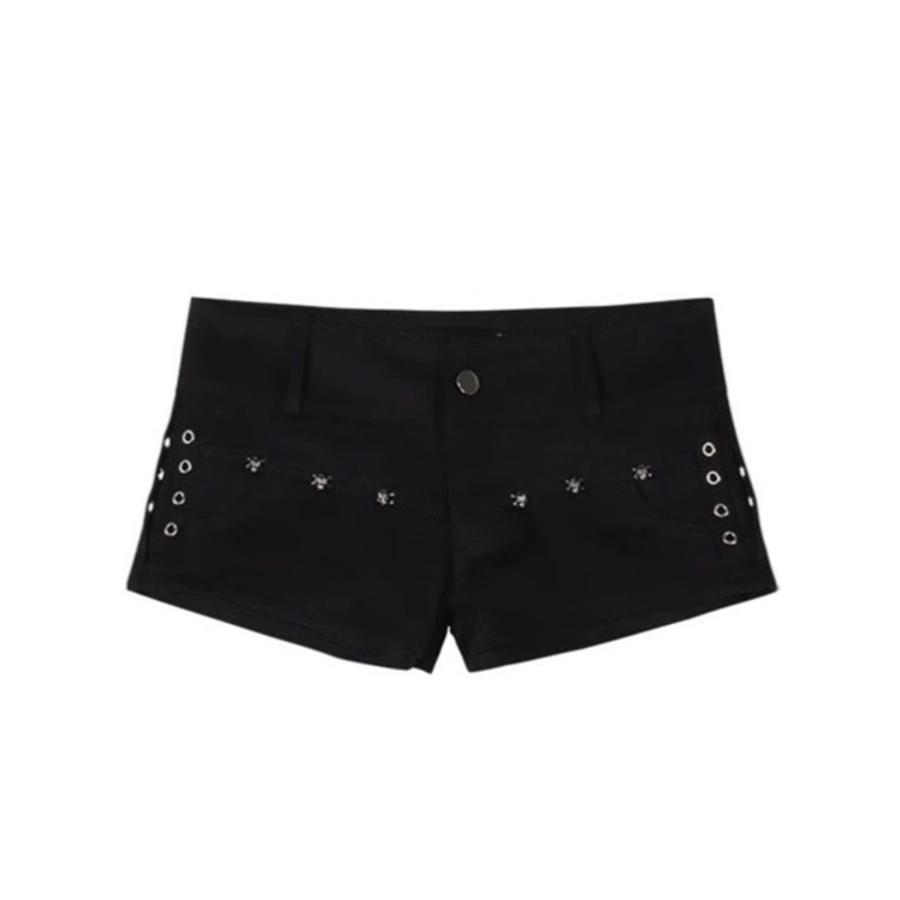 

Американские пикантные темные Y2K облегающие джинсовые микрошорты с заклепками, с низкой посадкой, облегающие, горячие шорты. Extra Small чёрный