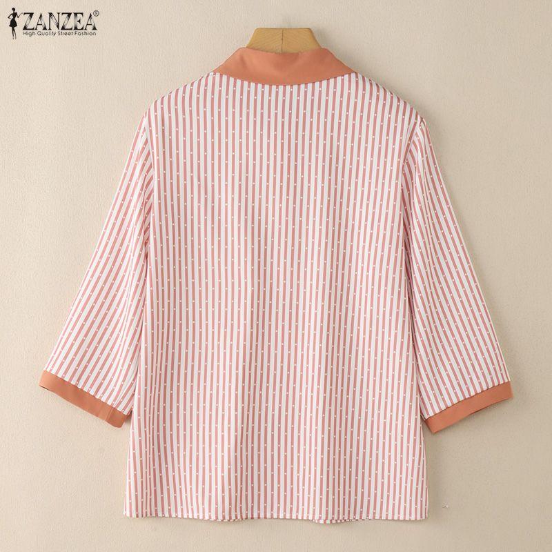 ZANZEA Women Casual Turn Down Collar Loose 3/4 Sleeve Stripe Blouse