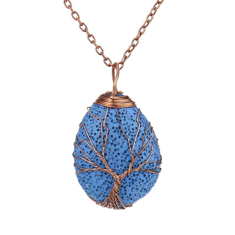 Handmade Copper Wire Winding Multi-Colored Volcanic Stone Water Drop Tree Of Life Pendant Necklace N529
