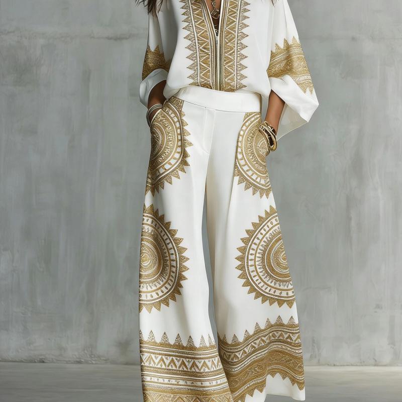 1116 New European and American Style Fashion Luxury Black Gold Baroque Print Nine-quarter Sleeve Wide-leg Pants Set Women's Two-piece Set