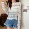 Hollow Long-sleeved Sweater Women's Spring Thin Transparent Black T-shirt Sunscreen Blouse Short Top