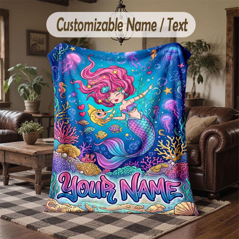 Mermaid Theme Throw Blanket Custom Name Text Personalized Blanket Soft Cozy Blanket for Home Sofa Bed