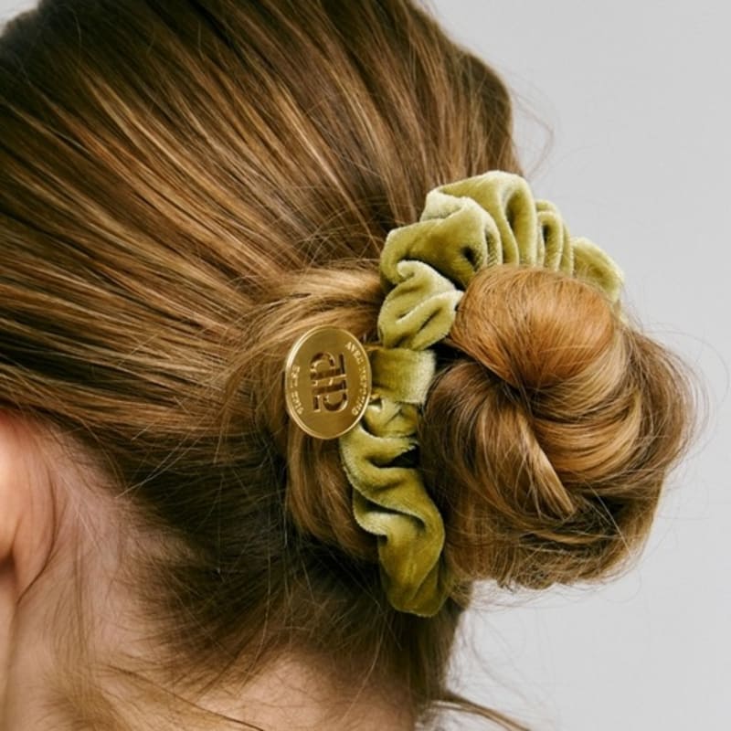 DEPOUND Coin Charm Velvet Scrunchie - Olive