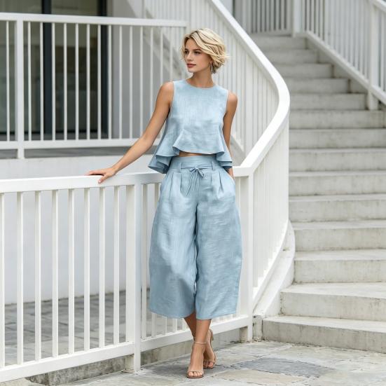 2 Piece Sets for Women Sleeveless Crew Neck Ruffle Tank Top