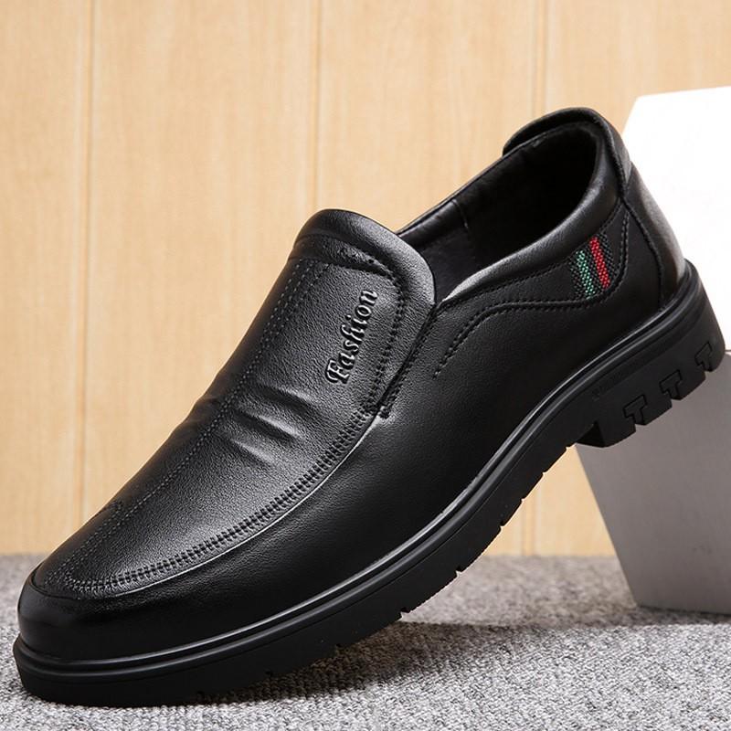 Mens Genuine Leather Casual Shoes Middle-Aged Senior Round Toe Breathable Non-Slip Rubber Sole Lace-Up Comfortable