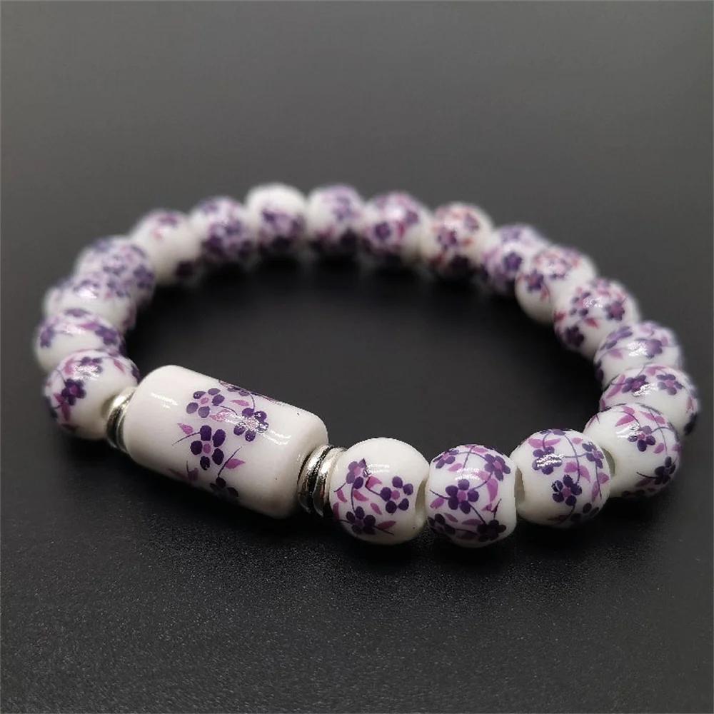 B21 Blue White Pattern Creativity Porcelain  Printing Exquisite Stretch Bead Bracelet 8MM  Plum Blossom Bead Bracelet Jewelry