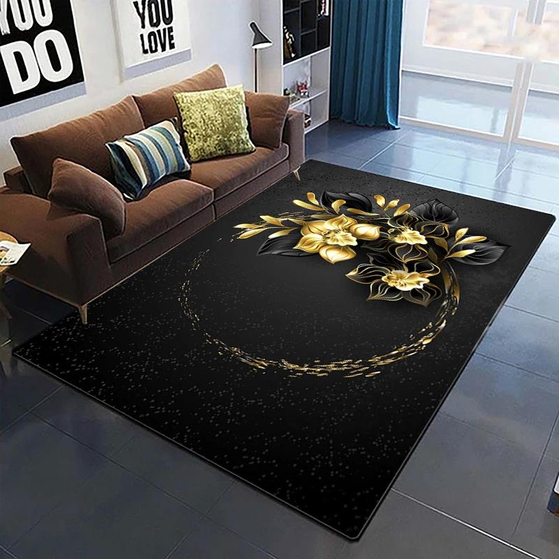 Goldene Rose Blumenteppich Für Zuhause Schlafzimmer Wohnzimmer Sofa Tisch Dekor Weicher Teppich Küchenbodenmatte 3D-Druck Blumenmuster Fußmatte