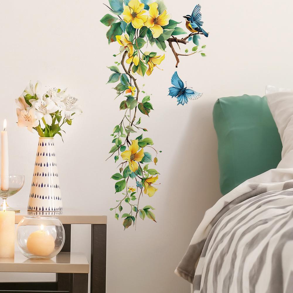 Yellow Flower Blue Butterfly Bird Wall Stickers Cute Refrigerator Window Cupboard Home Room Decorations DIY Decals Art Mural