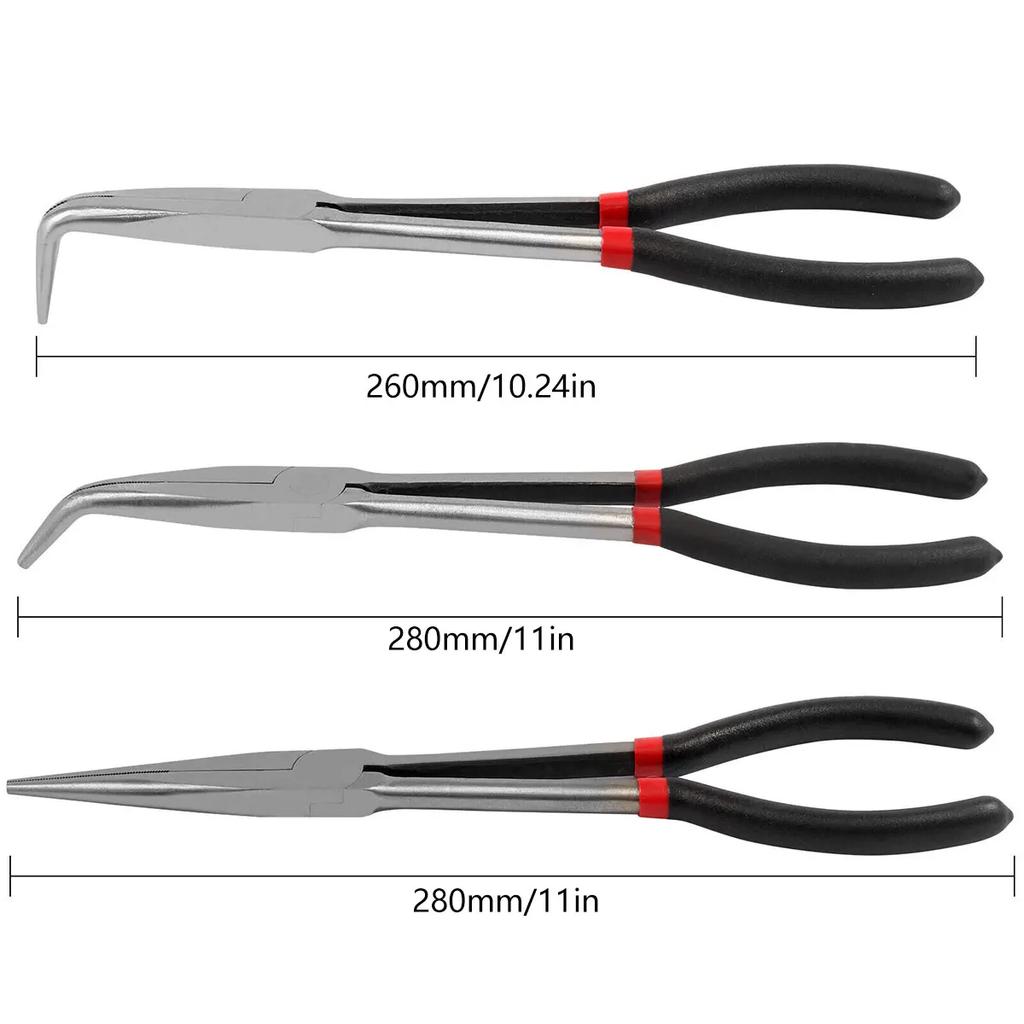 3Pcs Needle Nose Pliers Set 11 Inch Carbon Steel Long Reach Pliers Non-slip Straight Bent Nose Pliers O-Shaped Circle Pliers