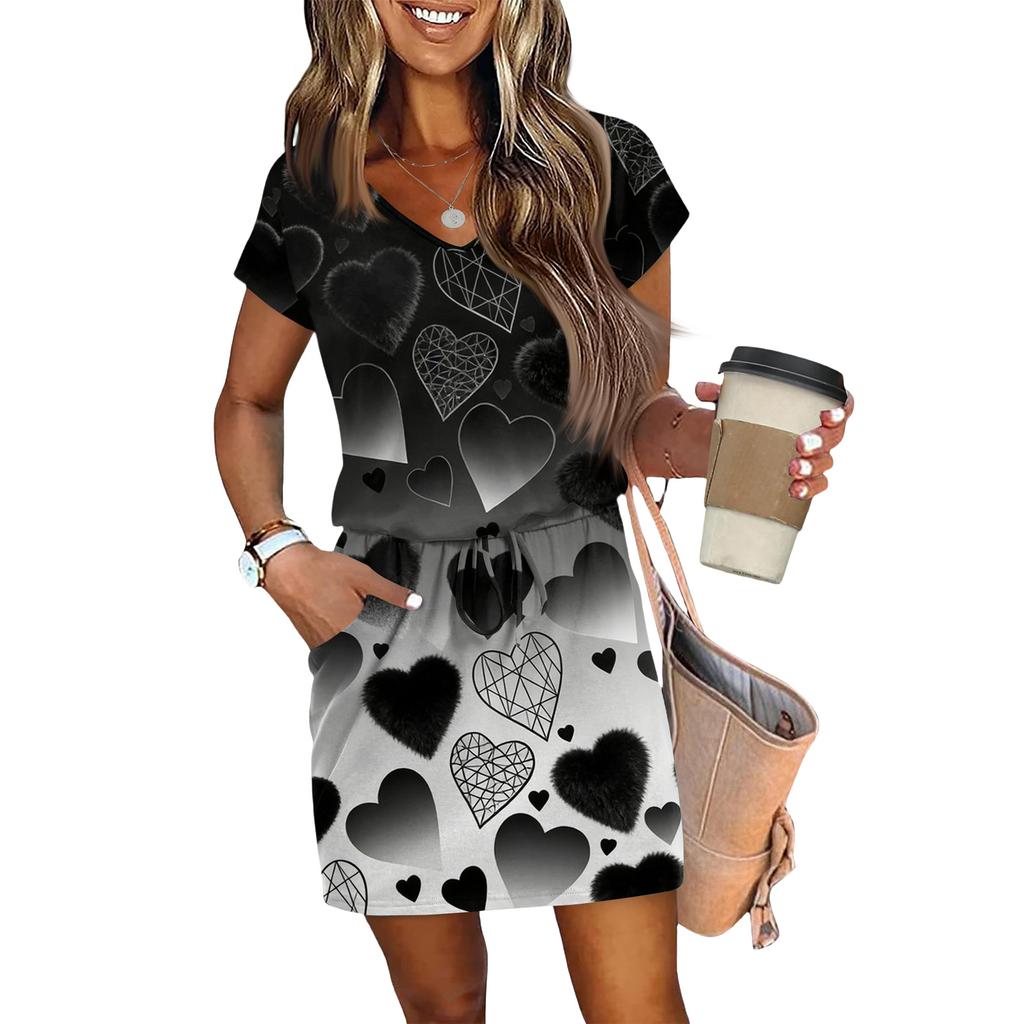 Women's V,Neck Short,Sleeve Drawstring Pocket Valentine's Day Print Casual Dress