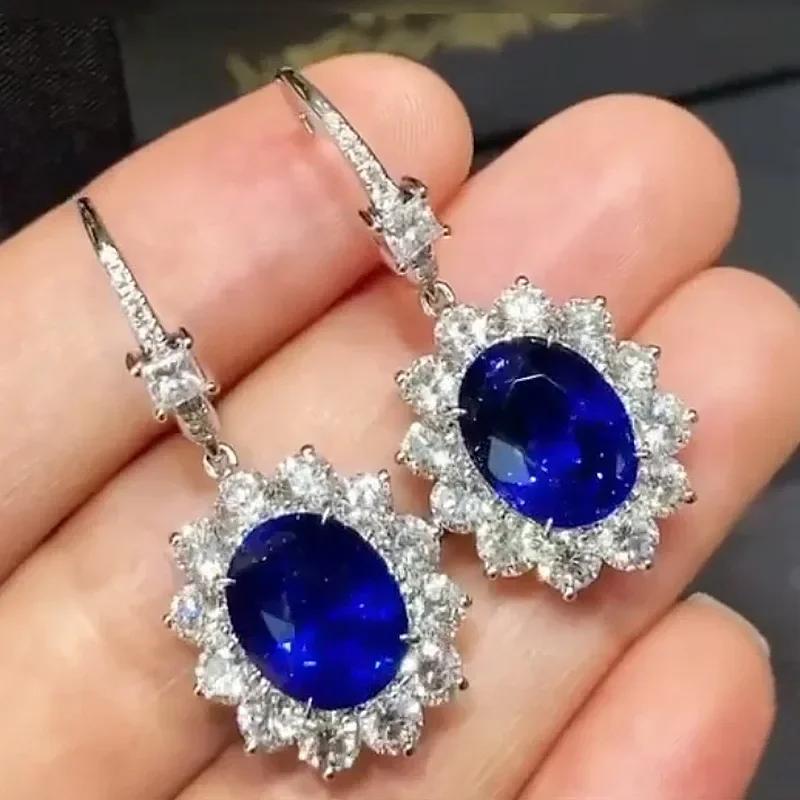 Royal Blue Zircon Oval Earrings Fashionable High-End Design Accessories for Banquets Personalized Simple Zircon
