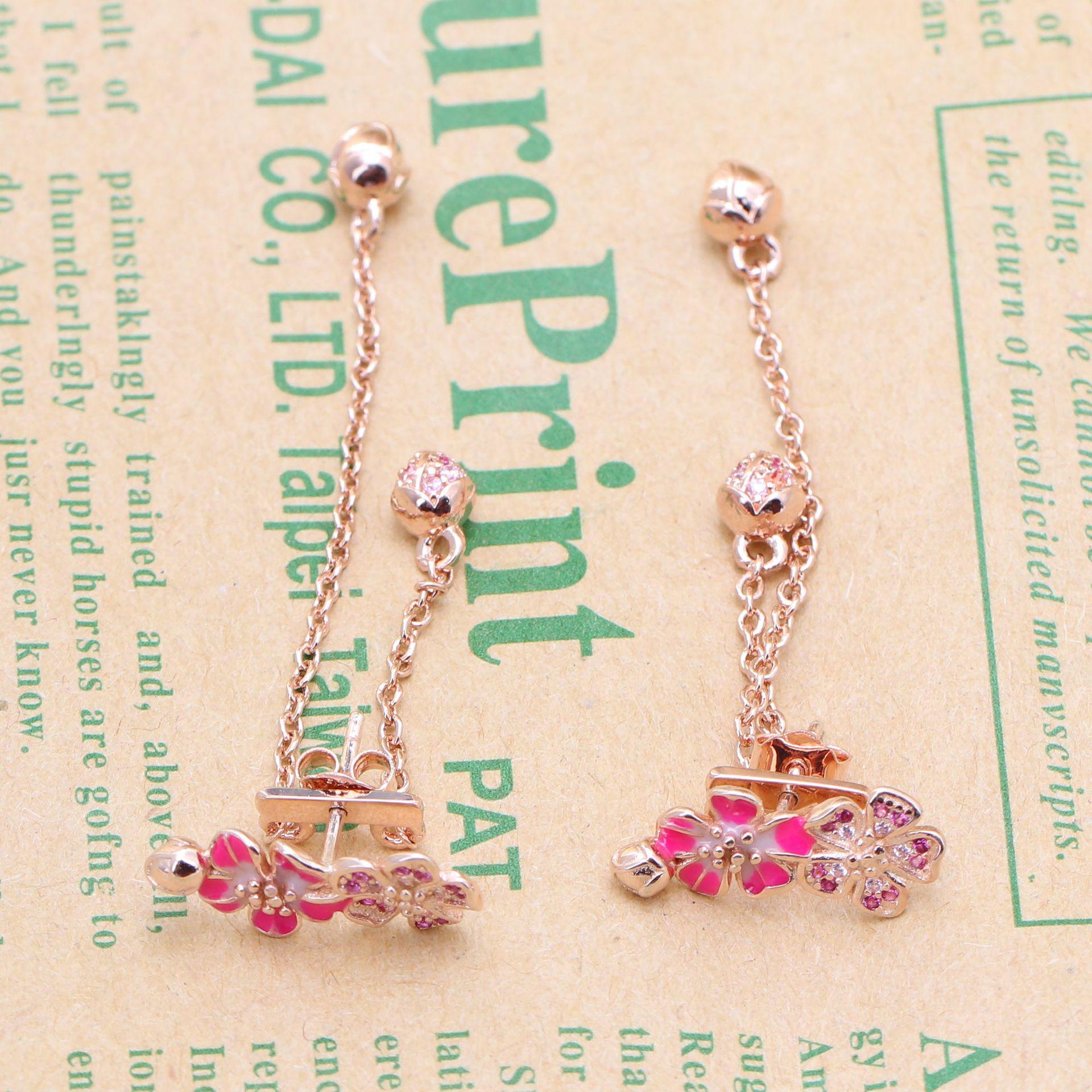 Pan Jia Peach Blossom Rose Tassel Earrings - S925 Sterling Silver Studs for Women White Bronze Plating