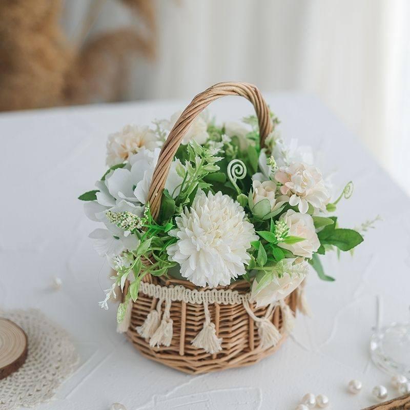 Korean Pastoral Silk Flowers In Handmade Woven Basket for Living Room or B&B Decor