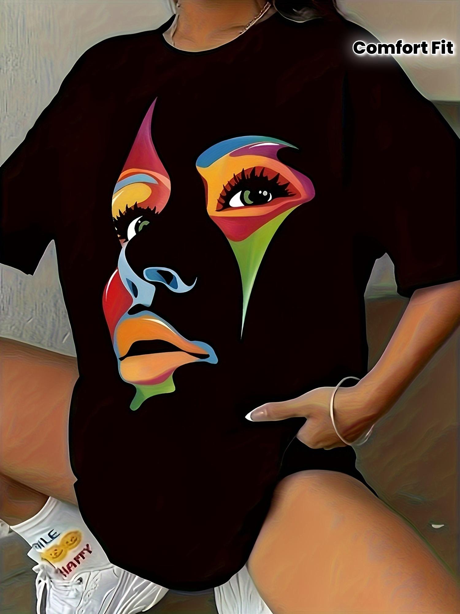 

Plus Size Comfort Fit Women s Casual Sporty T-Shirt, Abstract Face Print, Breathable Short Sleeve Tee S разноцветный