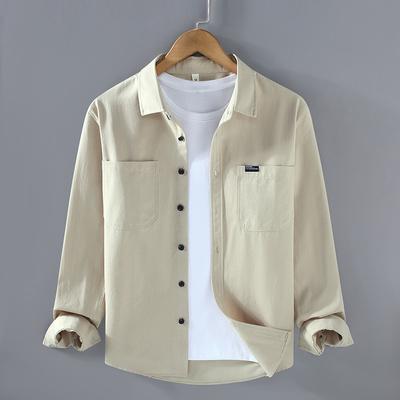 Japanese Style Workwear Men Tops Spring and Summer Long Sleeve Pure Cotton Mens Shirts Slim Fit Double Pockets Solid Color Shirt