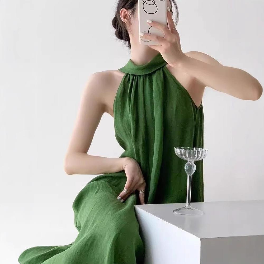 Summer French neck-hanging temperament waist lazy wind holiday dress women's new Mori white off-the-shoulder dress