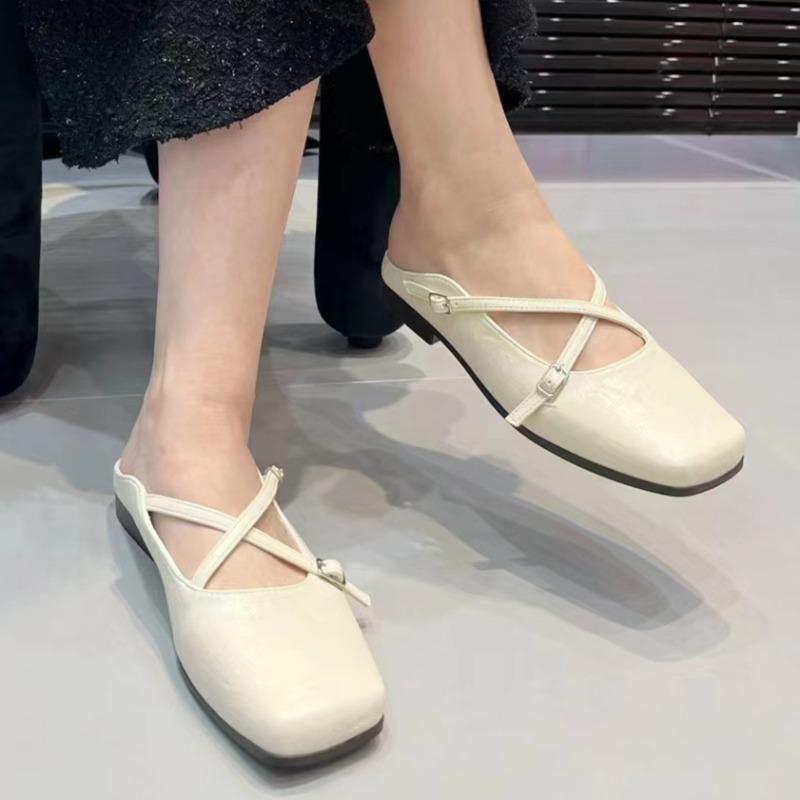 Fashion Spring New Baotou Slippers Women's Square Head Shallow Mouth Word with Soft Sole Anti-slip Wear-resistant Flat Shoes