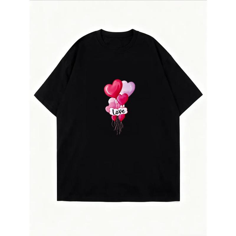 Crewneck T Shirt White Heart Balloons Love Print For Valentine's Day
