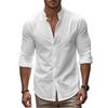 Camisa Casual de Moda com Gola Alta de Algodão e Linho para Outono e Primavera, Blusa Lisa de Manga Longa Masculina, Top Cardigan Masculino